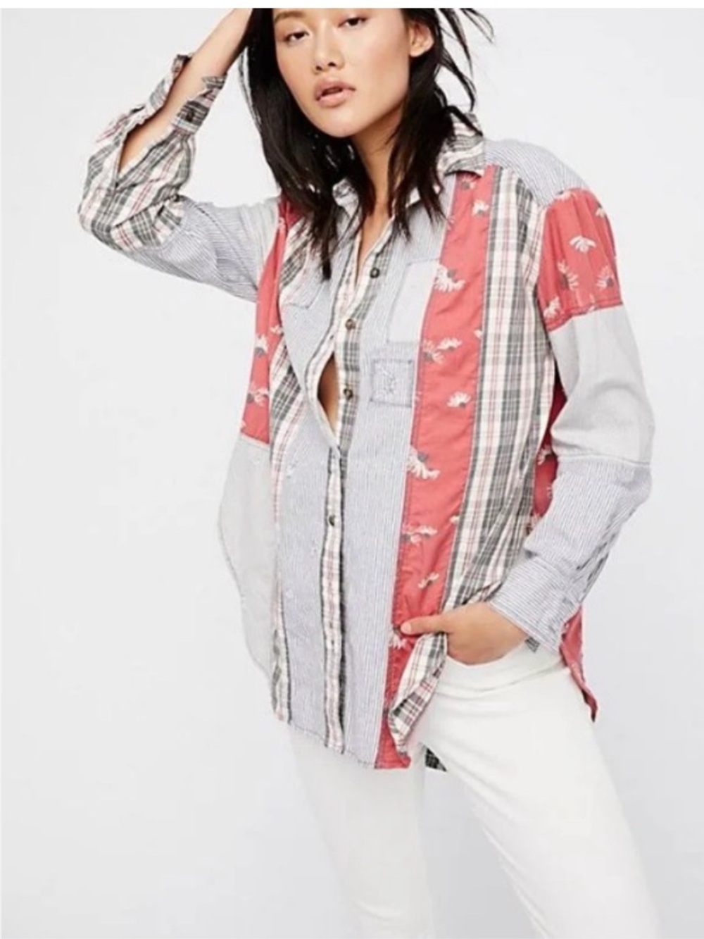Free People All Patched Up Patchwork Plaid Floral ButtonDown Shirt XS Distressed